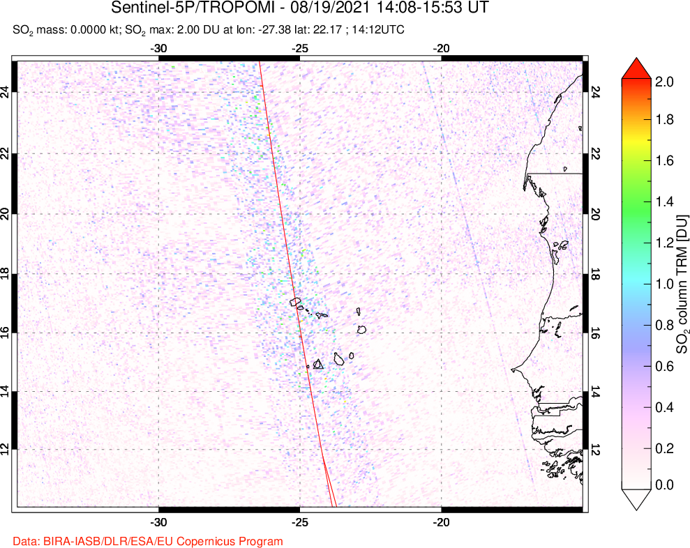 A sulfur dioxide image over Cape Verde Islands on Aug 19, 2021.