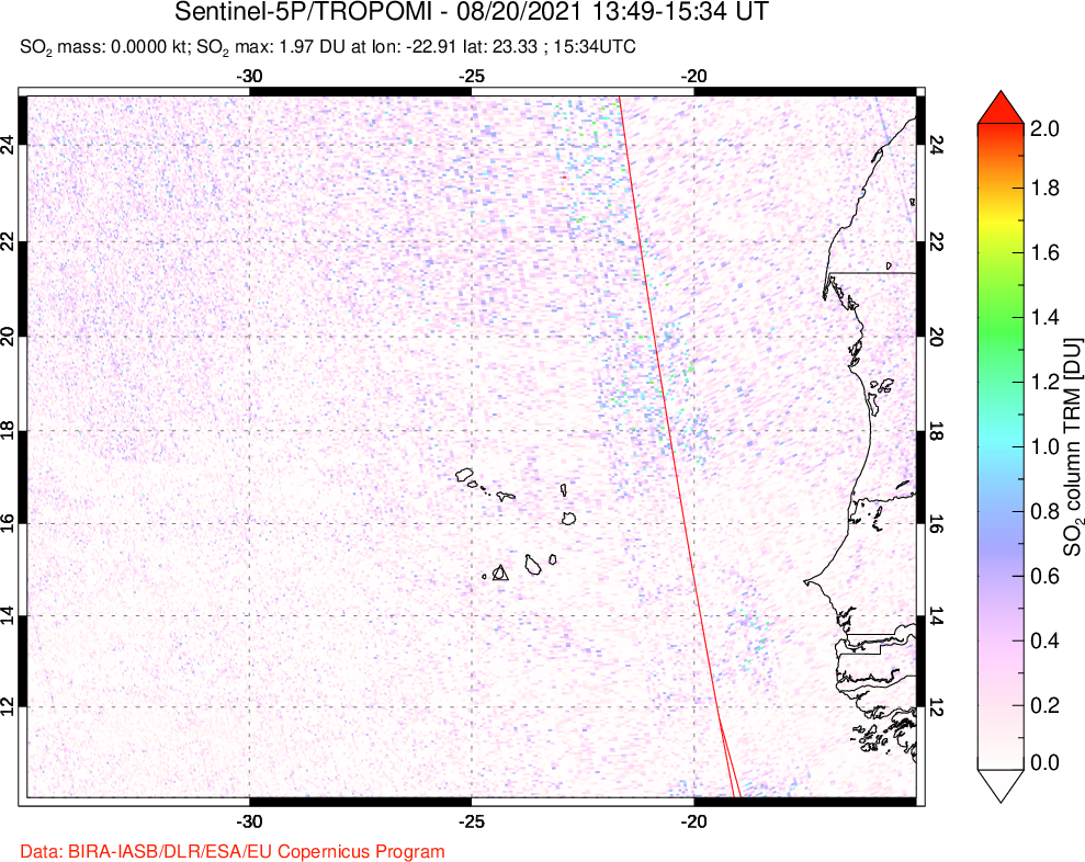 A sulfur dioxide image over Cape Verde Islands on Aug 20, 2021.
