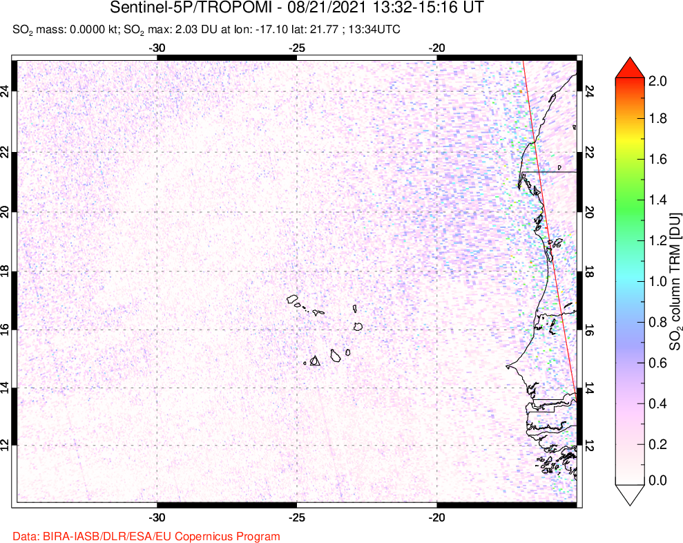 A sulfur dioxide image over Cape Verde Islands on Aug 21, 2021.