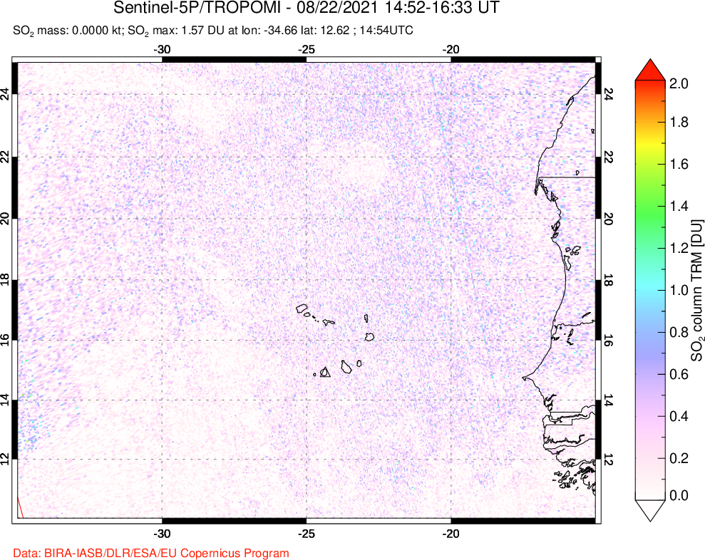 A sulfur dioxide image over Cape Verde Islands on Aug 22, 2021.