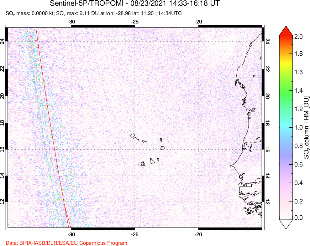 A sulfur dioxide image over Cape Verde Islands on Aug 23, 2021.