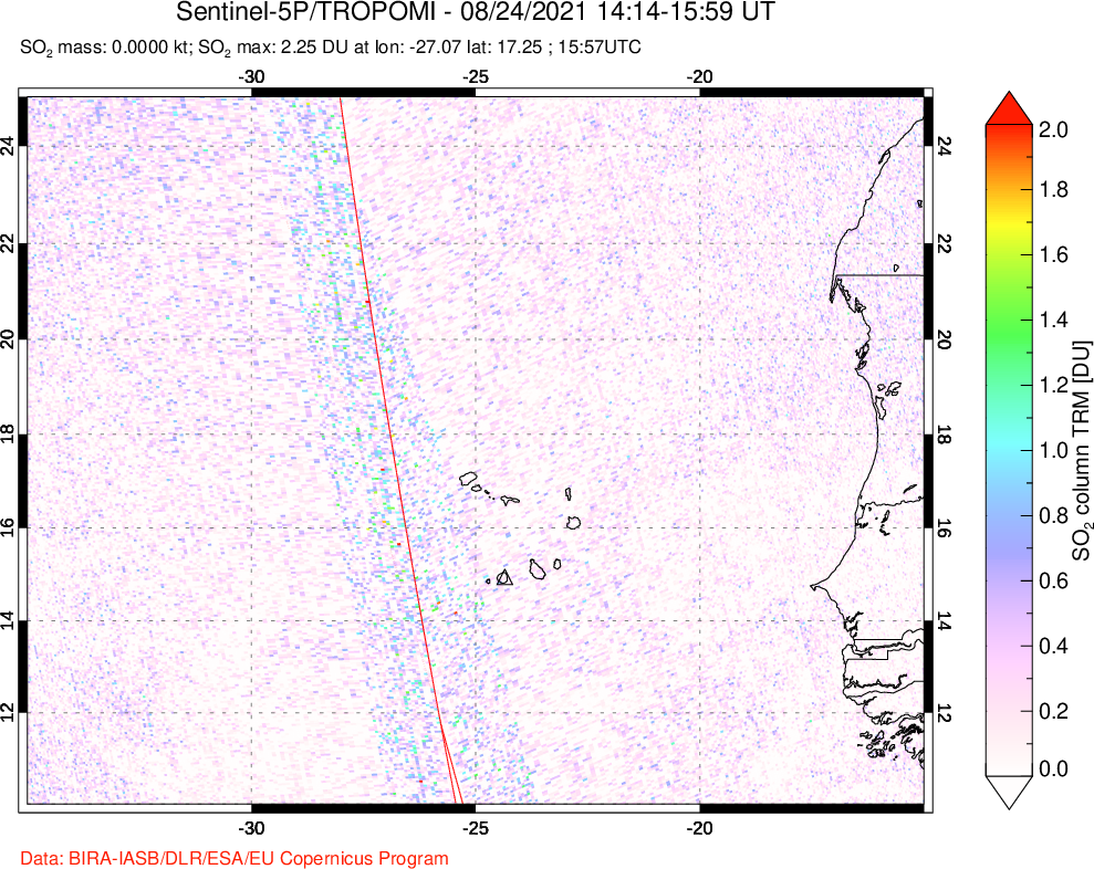 A sulfur dioxide image over Cape Verde Islands on Aug 24, 2021.