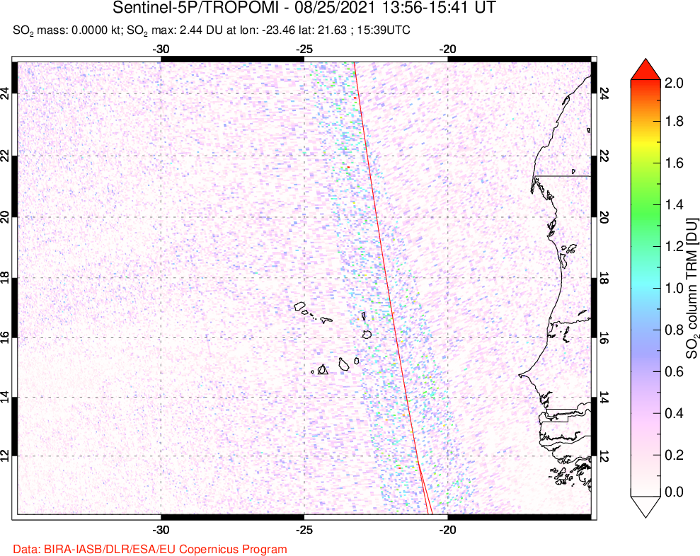 A sulfur dioxide image over Cape Verde Islands on Aug 25, 2021.