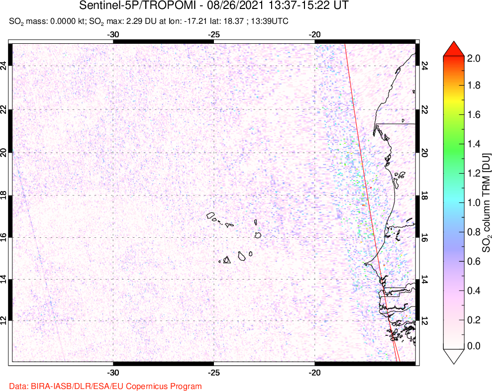 A sulfur dioxide image over Cape Verde Islands on Aug 26, 2021.