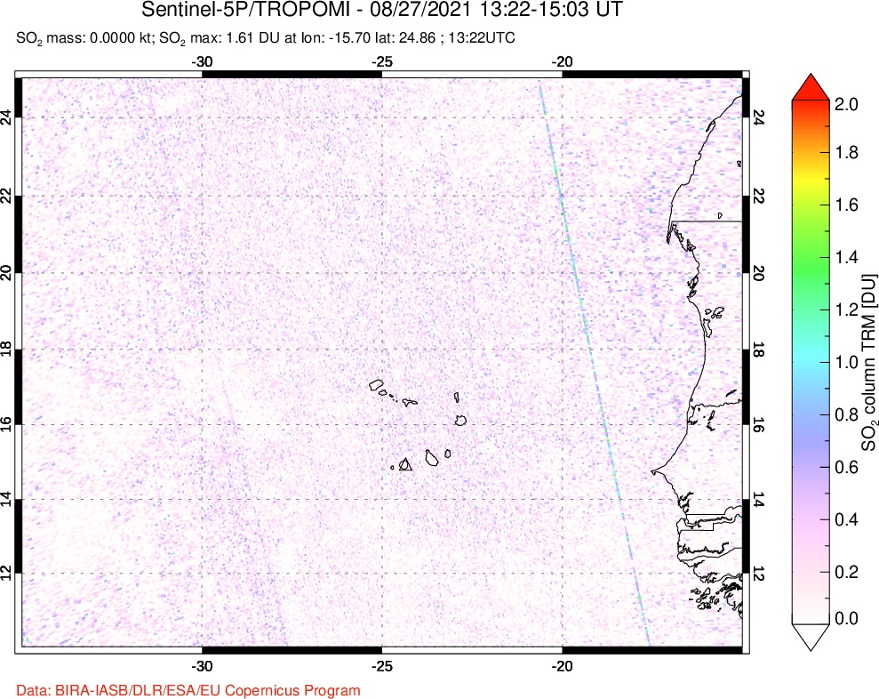 A sulfur dioxide image over Cape Verde Islands on Aug 27, 2021.