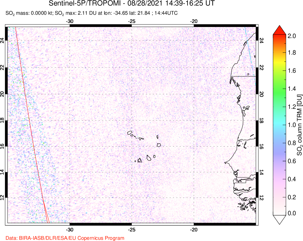 A sulfur dioxide image over Cape Verde Islands on Aug 28, 2021.