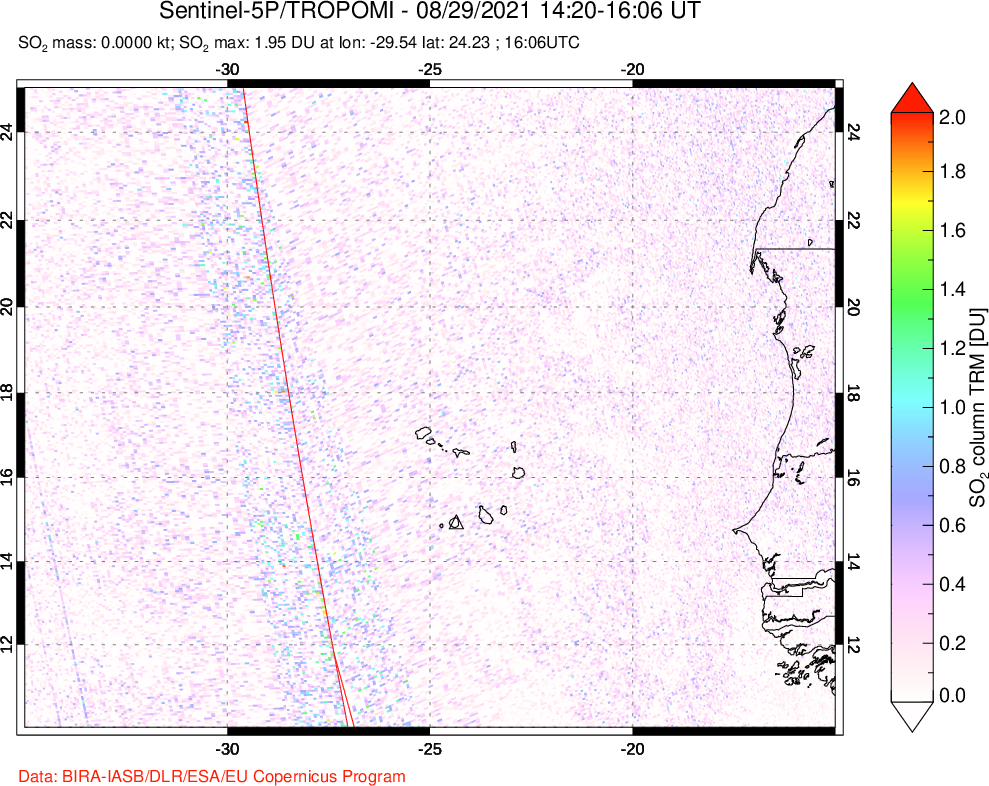 A sulfur dioxide image over Cape Verde Islands on Aug 29, 2021.
