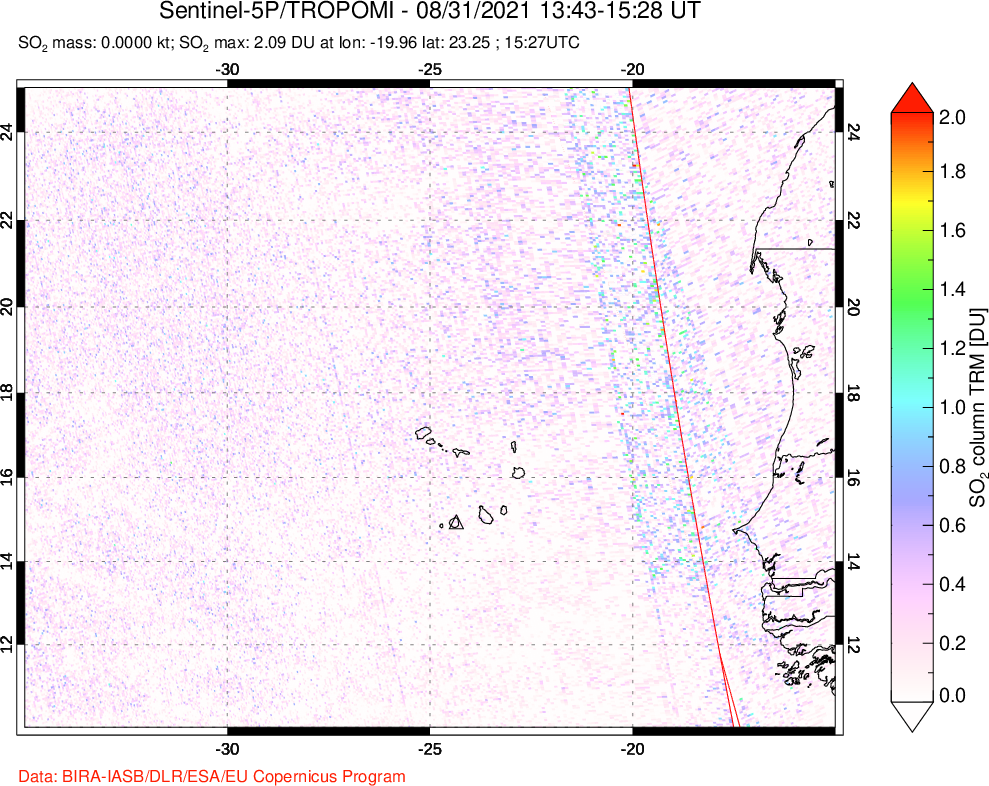 A sulfur dioxide image over Cape Verde Islands on Aug 31, 2021.