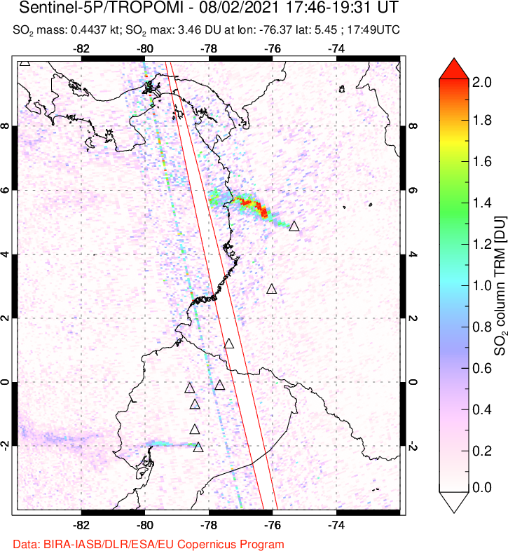A sulfur dioxide image over Ecuador on Aug 02, 2021.