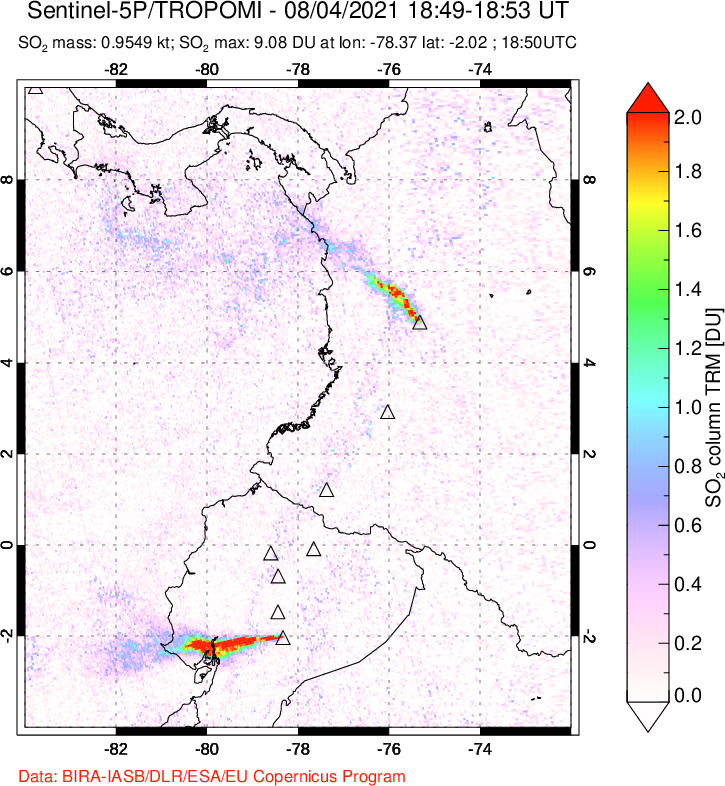 A sulfur dioxide image over Ecuador on Aug 04, 2021.