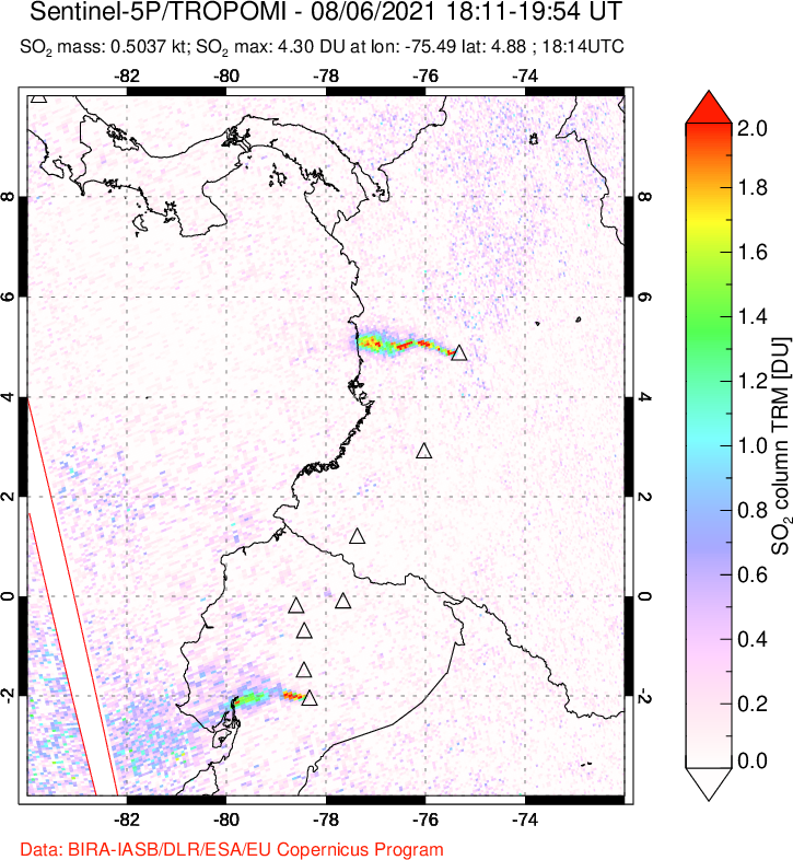 A sulfur dioxide image over Ecuador on Aug 06, 2021.