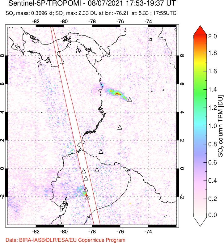 A sulfur dioxide image over Ecuador on Aug 07, 2021.