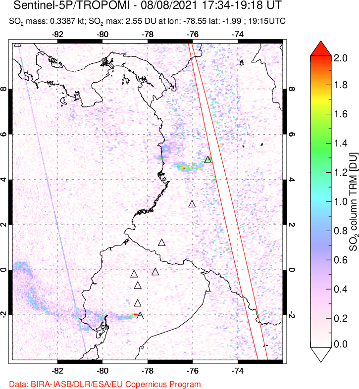 A sulfur dioxide image over Ecuador on Aug 08, 2021.