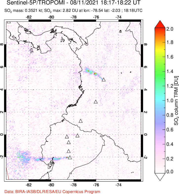 A sulfur dioxide image over Ecuador on Aug 11, 2021.
