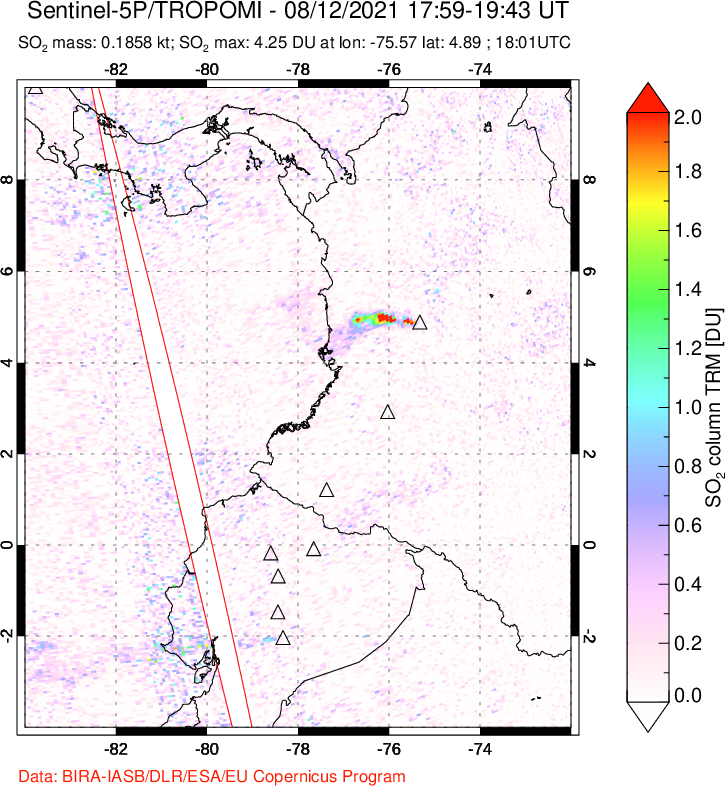 A sulfur dioxide image over Ecuador on Aug 12, 2021.