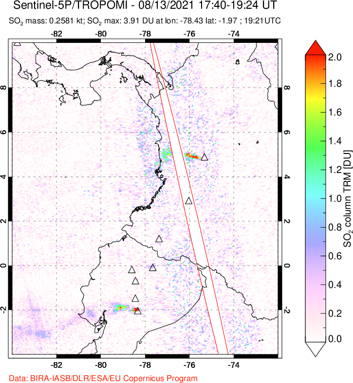 A sulfur dioxide image over Ecuador on Aug 13, 2021.