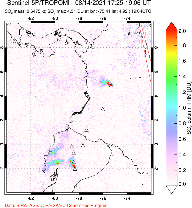 A sulfur dioxide image over Ecuador on Aug 14, 2021.