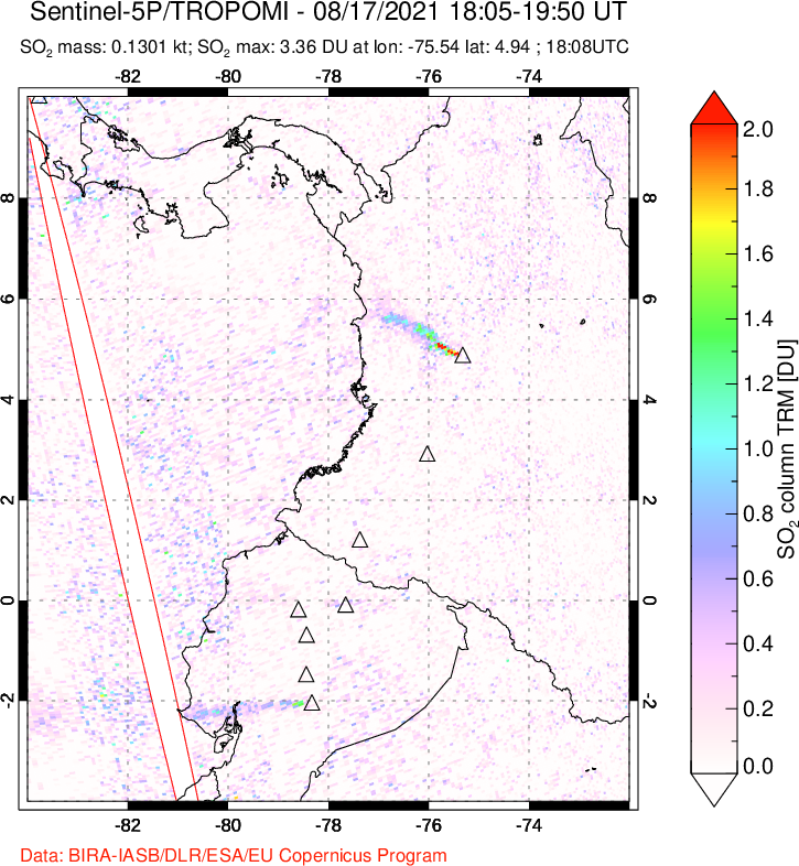 A sulfur dioxide image over Ecuador on Aug 17, 2021.