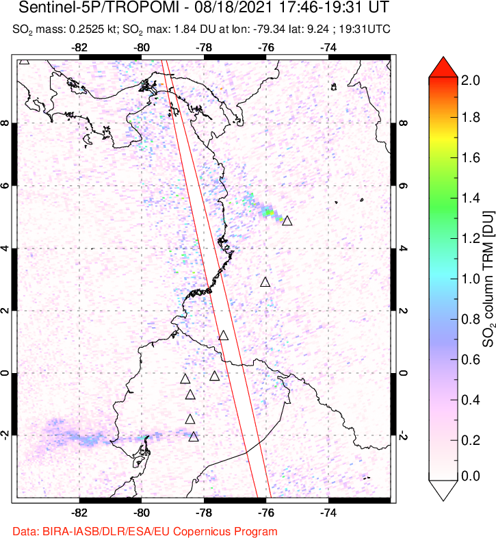 A sulfur dioxide image over Ecuador on Aug 18, 2021.
