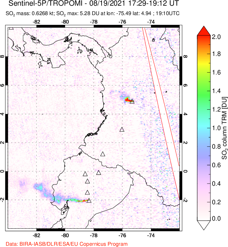 A sulfur dioxide image over Ecuador on Aug 19, 2021.