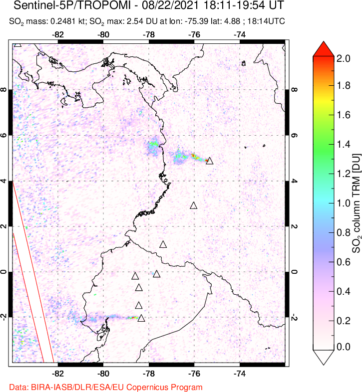 A sulfur dioxide image over Ecuador on Aug 22, 2021.