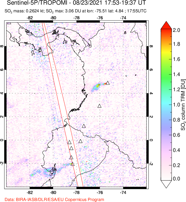 A sulfur dioxide image over Ecuador on Aug 23, 2021.