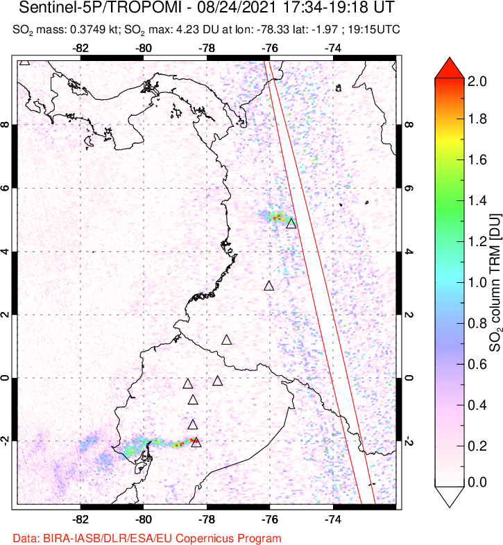 A sulfur dioxide image over Ecuador on Aug 24, 2021.