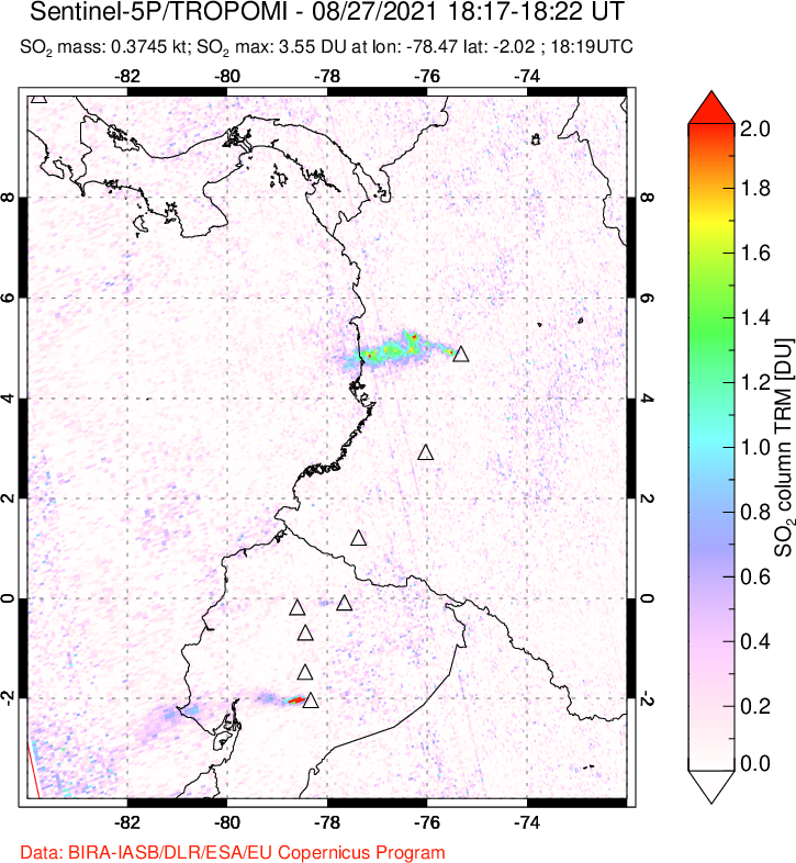 A sulfur dioxide image over Ecuador on Aug 27, 2021.