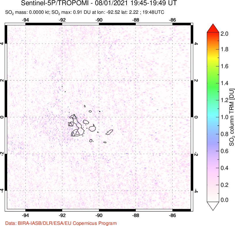 A sulfur dioxide image over Galápagos Islands on Aug 01, 2021.