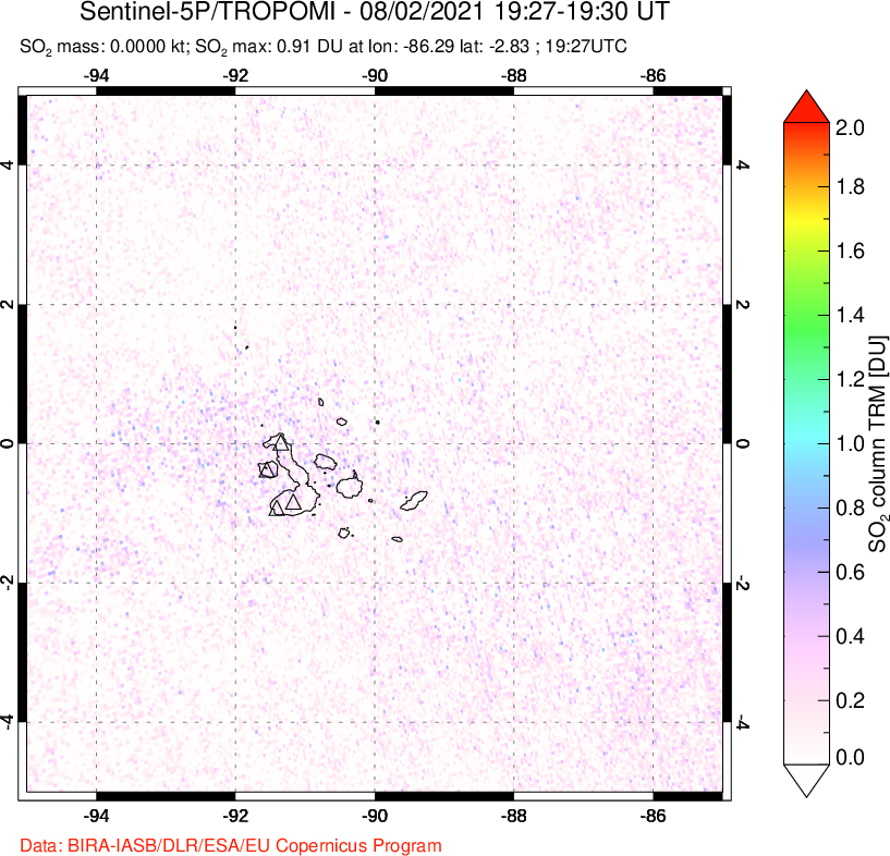 A sulfur dioxide image over Galápagos Islands on Aug 02, 2021.