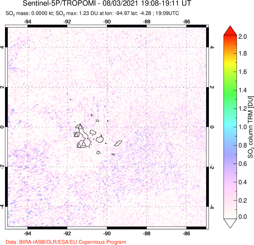 A sulfur dioxide image over Galápagos Islands on Aug 03, 2021.