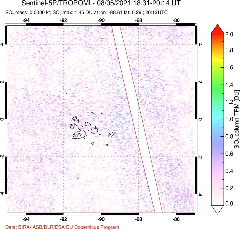 A sulfur dioxide image over Galápagos Islands on Aug 05, 2021.