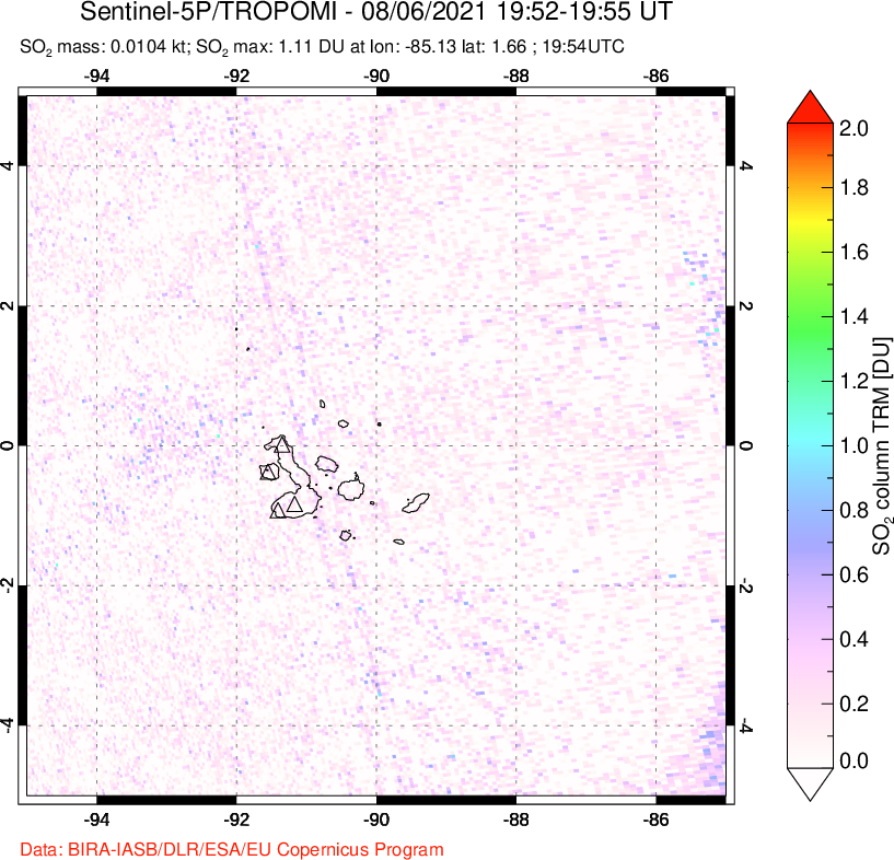 A sulfur dioxide image over Galápagos Islands on Aug 06, 2021.