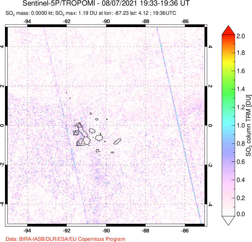 A sulfur dioxide image over Galápagos Islands on Aug 07, 2021.