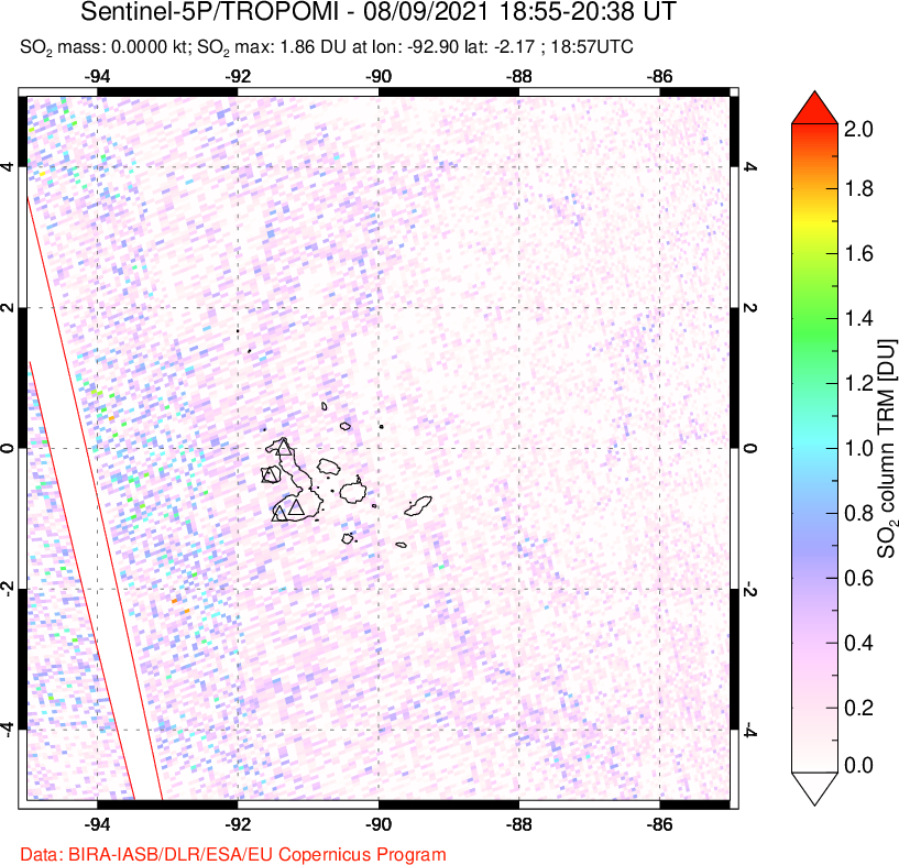 A sulfur dioxide image over Galápagos Islands on Aug 09, 2021.
