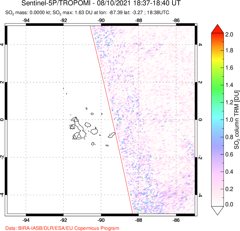 A sulfur dioxide image over Galápagos Islands on Aug 10, 2021.