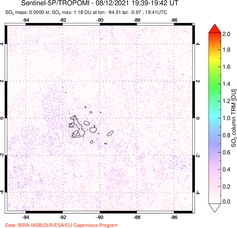 A sulfur dioxide image over Galápagos Islands on Aug 12, 2021.