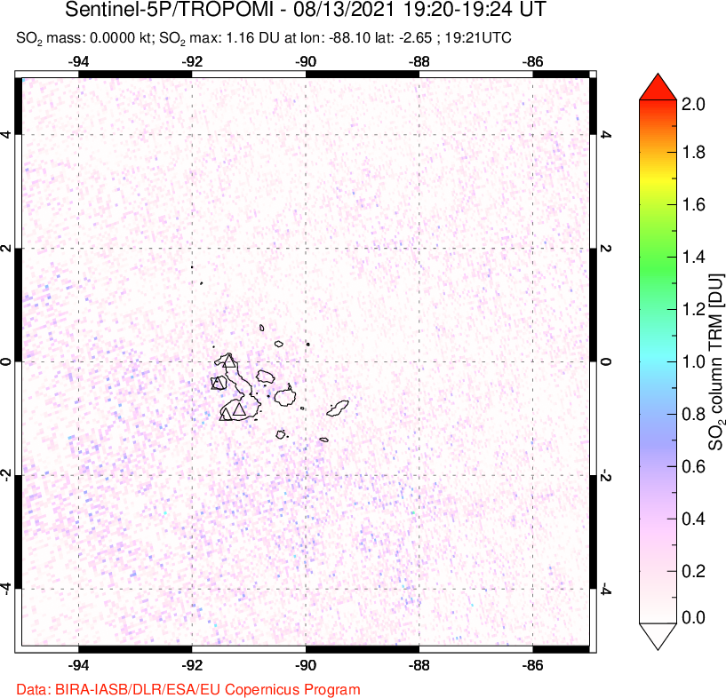 A sulfur dioxide image over Galápagos Islands on Aug 13, 2021.