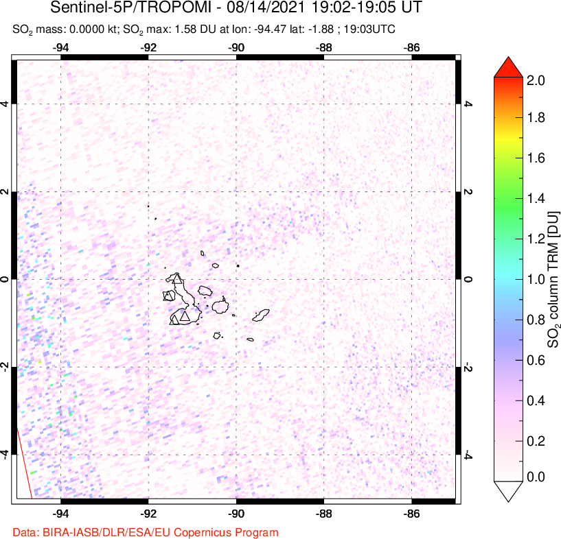 A sulfur dioxide image over Galápagos Islands on Aug 14, 2021.