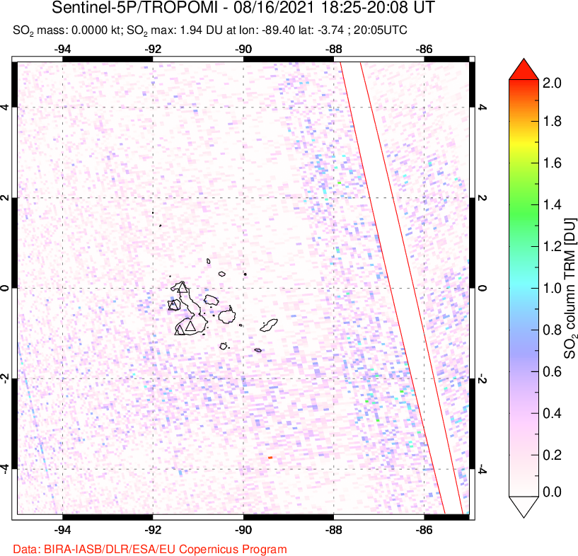 A sulfur dioxide image over Galápagos Islands on Aug 16, 2021.