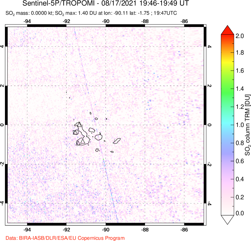 A sulfur dioxide image over Galápagos Islands on Aug 17, 2021.