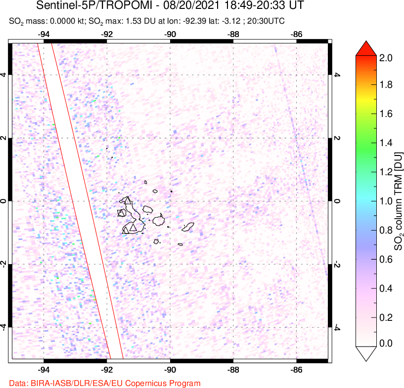 A sulfur dioxide image over Galápagos Islands on Aug 20, 2021.