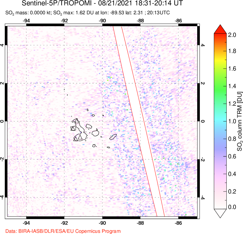 A sulfur dioxide image over Galápagos Islands on Aug 21, 2021.