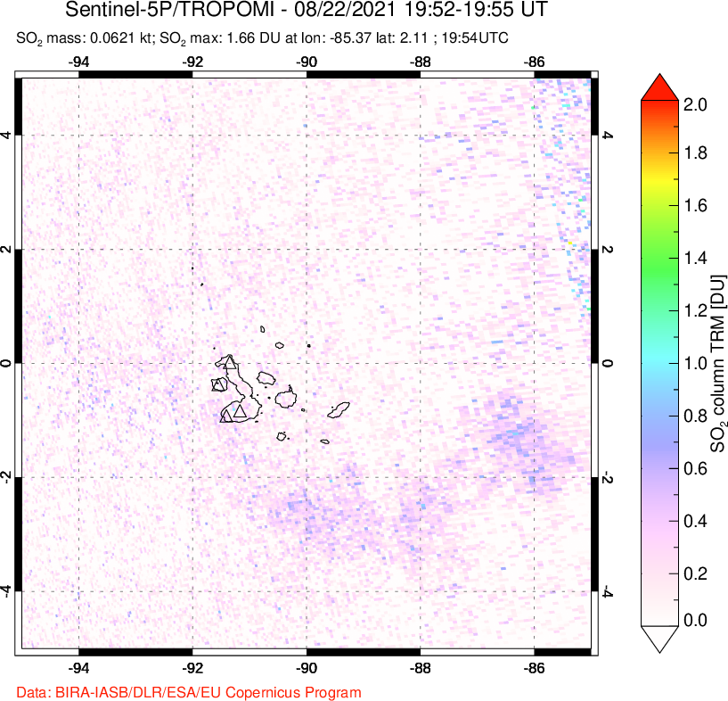 A sulfur dioxide image over Galápagos Islands on Aug 22, 2021.