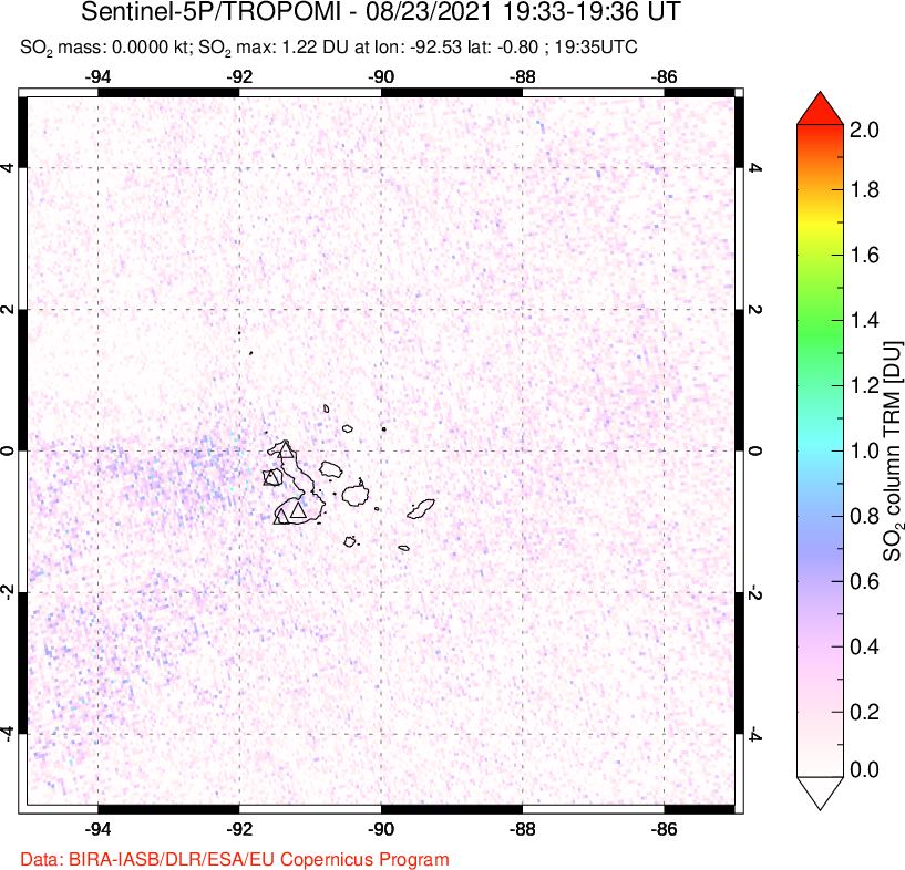 A sulfur dioxide image over Galápagos Islands on Aug 23, 2021.