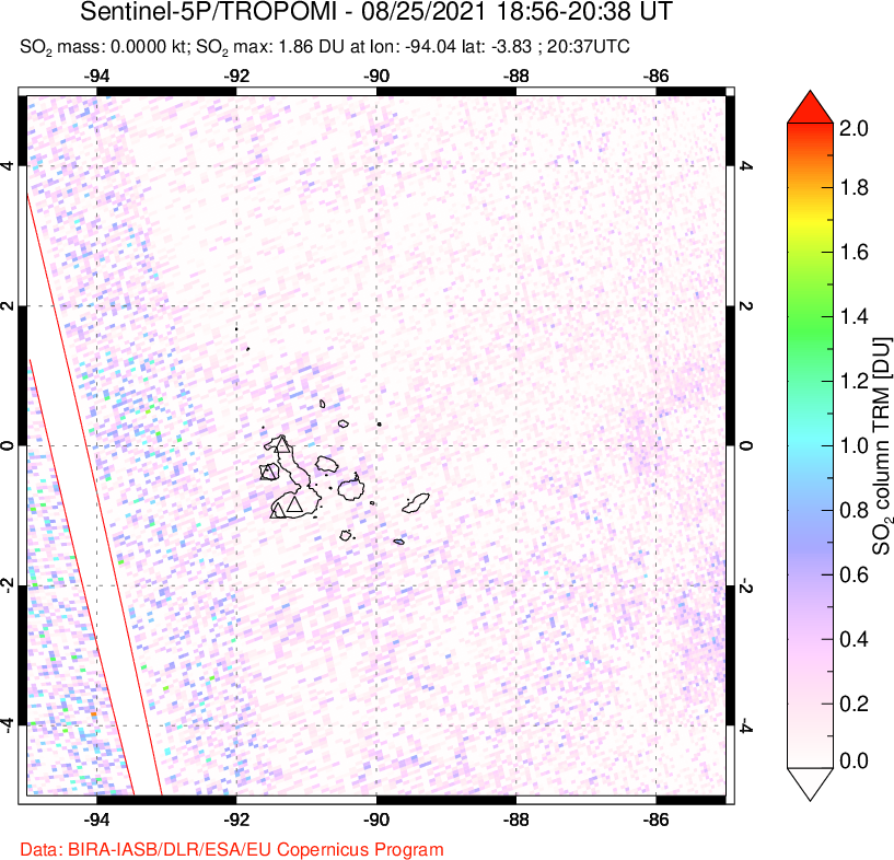 A sulfur dioxide image over Galápagos Islands on Aug 25, 2021.