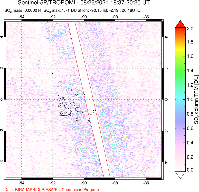A sulfur dioxide image over Galápagos Islands on Aug 26, 2021.