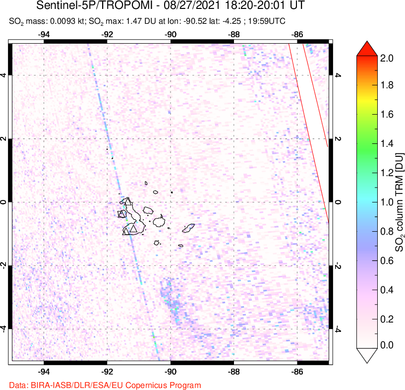 A sulfur dioxide image over Galápagos Islands on Aug 27, 2021.