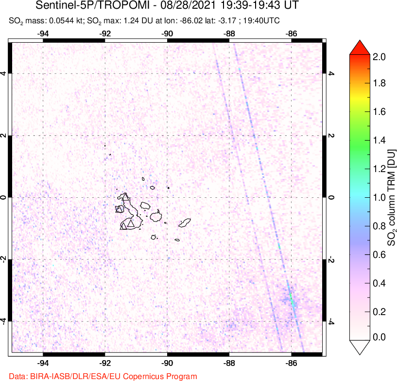 A sulfur dioxide image over Galápagos Islands on Aug 28, 2021.