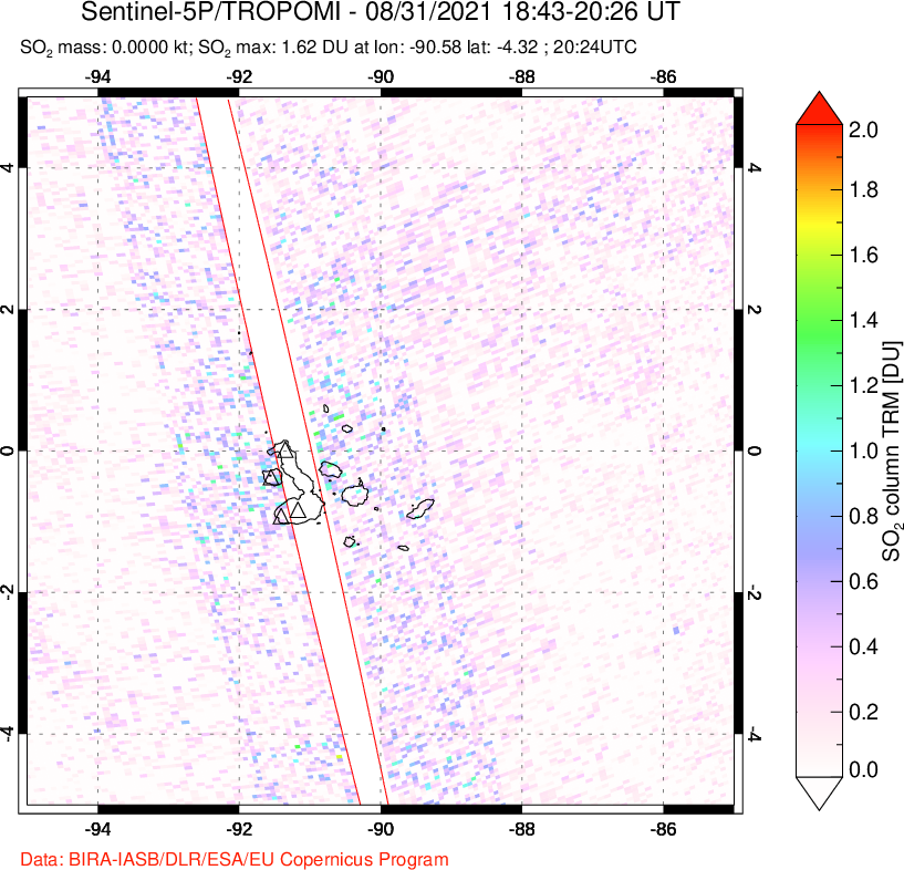 A sulfur dioxide image over Galápagos Islands on Aug 31, 2021.